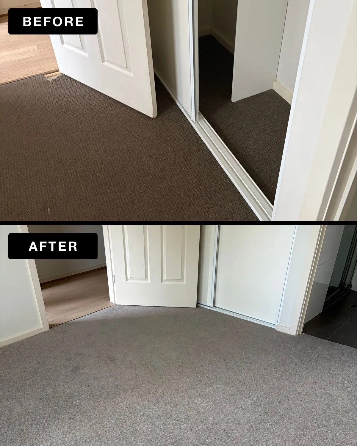 Before and after in the same Nairne bedroom: the old dark carpet, then the new grey carpet